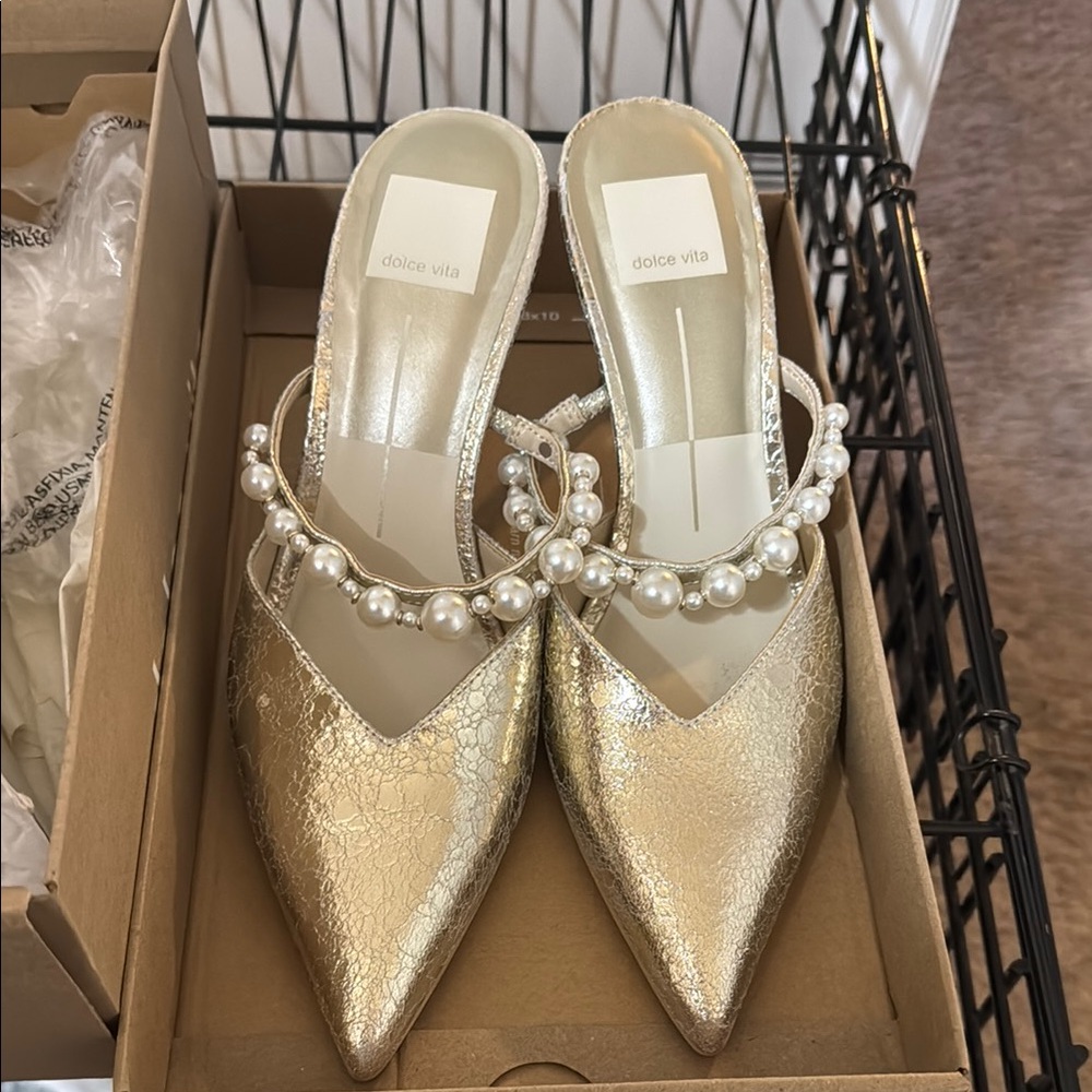 Dolce Vita Gold Heels with Pearl Embellishments